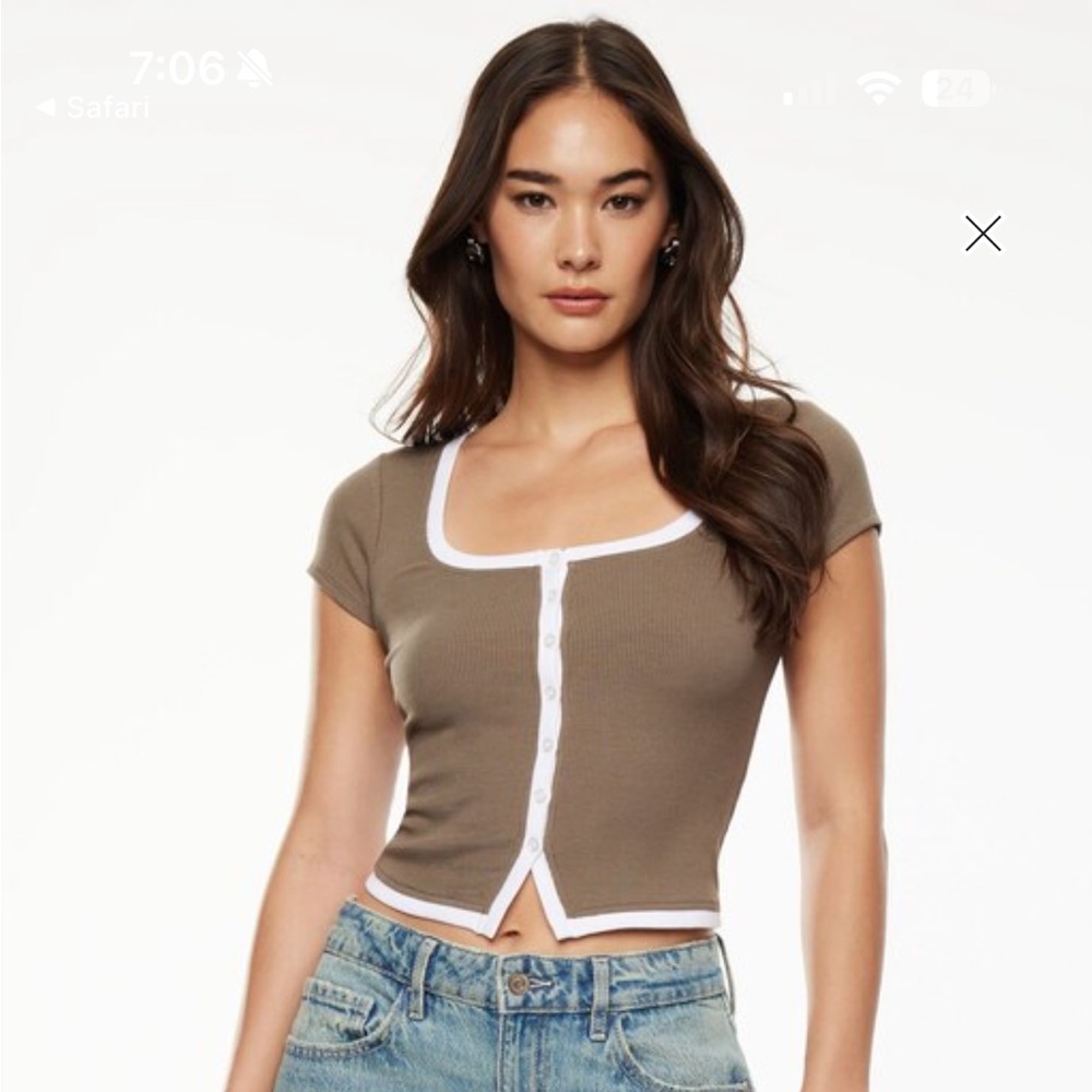 Dynamite Brown and White Button-Up Top